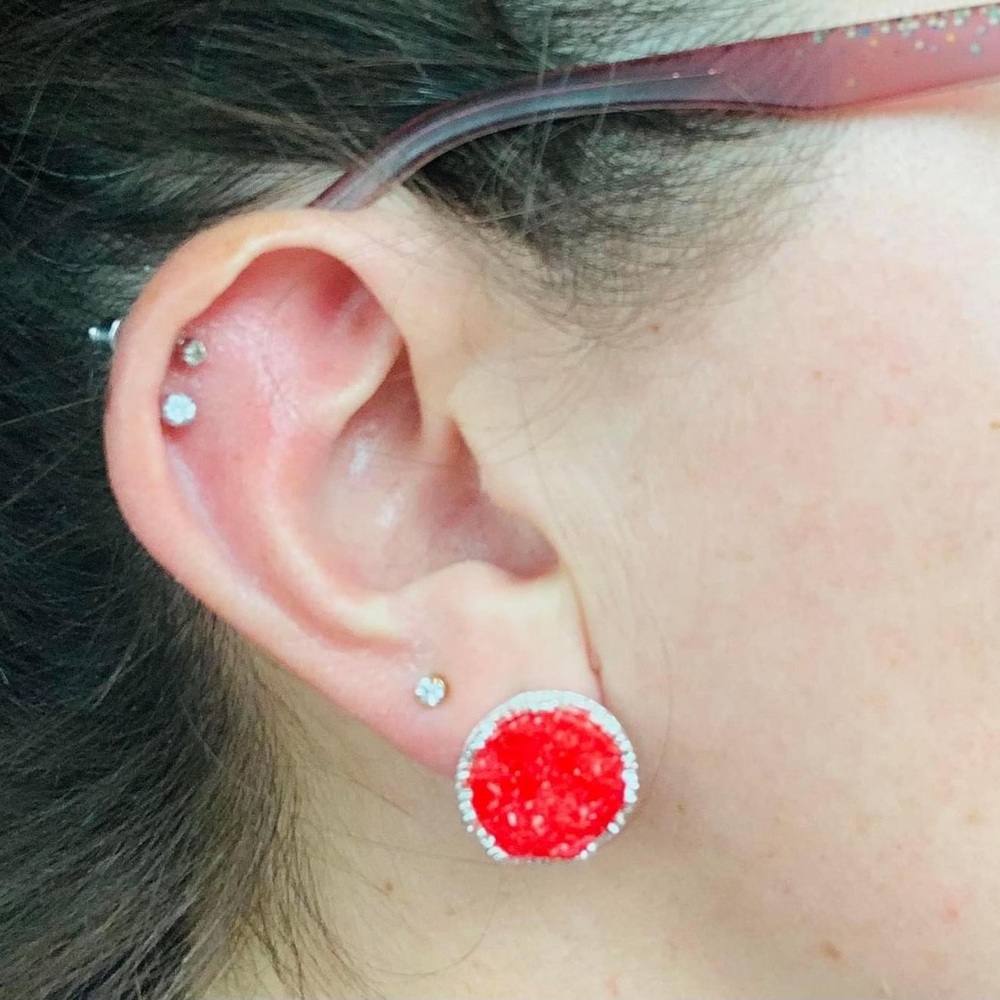 Blake Earrings
Red druzy circles set in silver. 
.75” Weight: 0.3 oz.